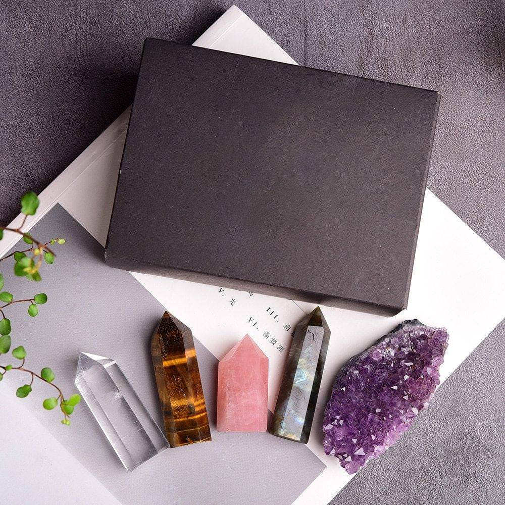 5pc Natural Multi Gemstone Gift Set-Polished Rose Quartz-Amethyst, Tigers Eye,Quartz Labradorite Hexagonal, Reiki, Healing gift - Tartarian Treasures & Trinkets