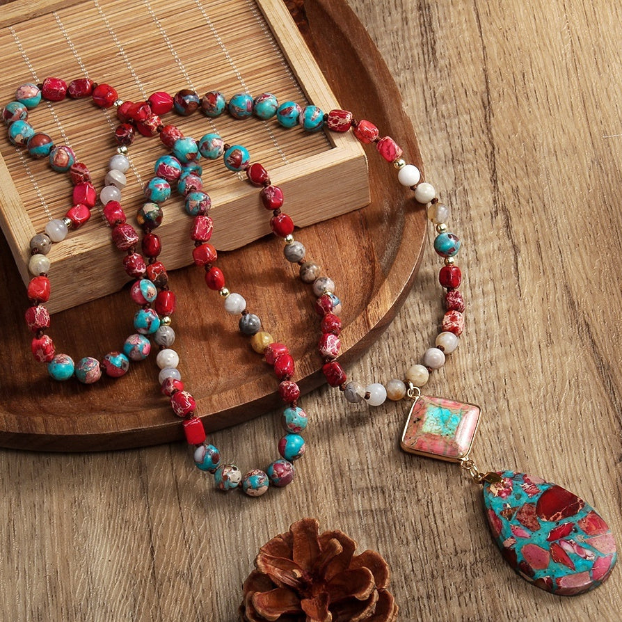 Natural Stone Knotted Necklace Diamond Drop Pendant Necklace - Tartarian Treasures & Trinkets