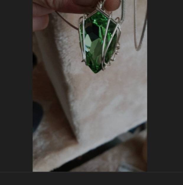 VERES™ Big Sparkle Peridot Green DROP Dangle Drop Silver Lithuanian Crystal Pendant w 22 inch silvery chain-Large 30x22mm - Tartarian Treasures & Trinkets