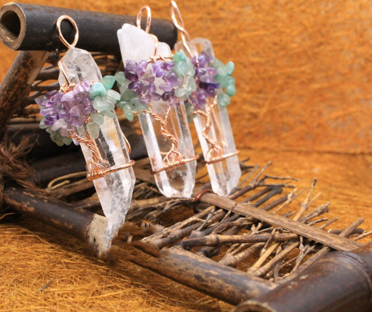 Clear Quartz Crystal Copper Wrapped Pendant Rough Stone Pendant -w Amethyst & Green flourite or multi gemstones - Tartarian Treasures & Trinkets