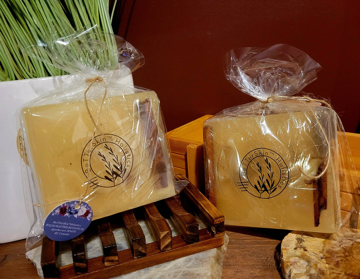 2pc-Individually Giftwrapped Handmade Wildcrafted Cinnamon Stick & Almond Slice-Cocoa Butter Infused Soaps -BetterSkin Holistics with 1 wooden soap rack