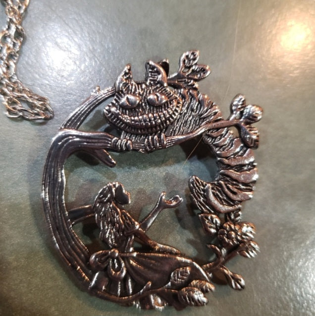 Unique Alice In Wonderland Detailed Antique Silver Cheshire Cat Pendant Medallion w 22 inch Black Waxed Cord Excellent Gift movie