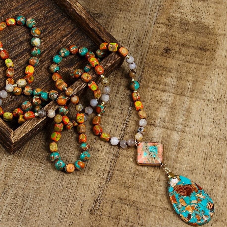 Natural Stone Knotted Necklace Diamond Drop Pendant Necklace - Tartarian Treasures & Trinkets