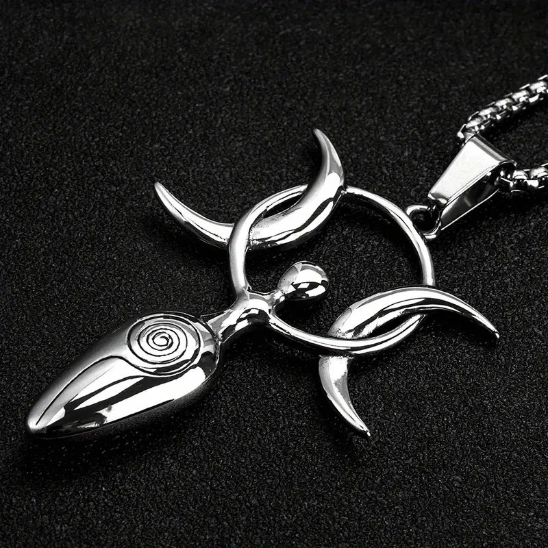 Talisman Magic Shiny Silver Pendant Stainless Steel Alloy Necklace Viking Magic Pagan Goddess - Tartarian Treasures & Trinkets
