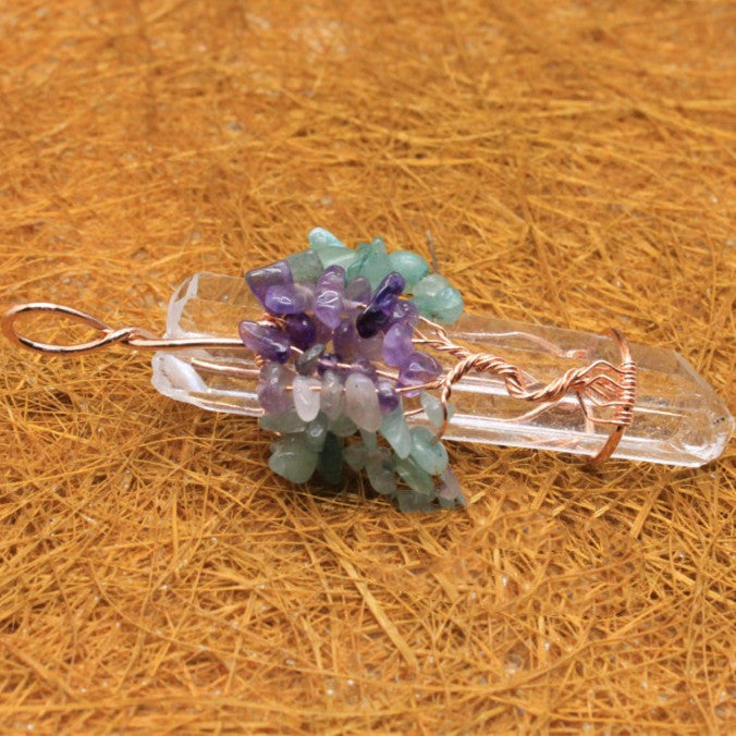 Clear Quartz Crystal Copper Wrapped Pendant Rough Stone Pendant -w Amethyst & Green flourite  or multi gemstones - Tartarian Treasures & Trinkets