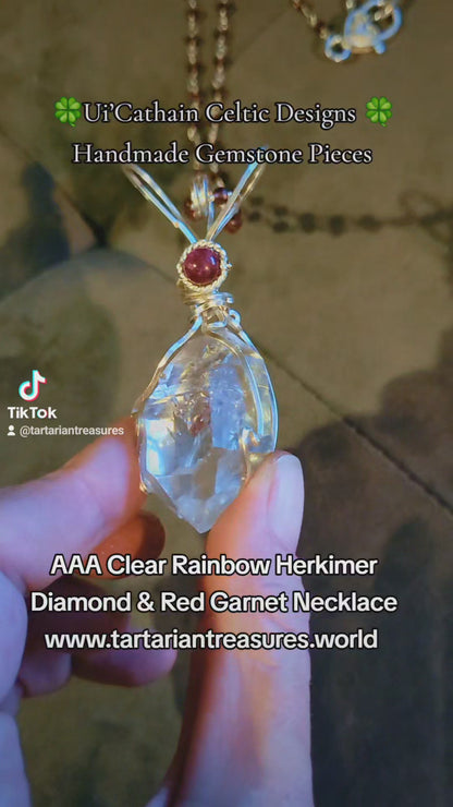 AAA 18.8g Clear Herkimer Diamond Pendant & Red Garnet Beaded Gemstone  24 inch Chain Necklace Handmade  Elegant  Delicate
