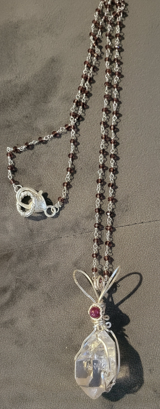 AAA 18.8g Clear Herkimer Diamond Pendant & Red Garnet Beaded Gemstone  24 inch Chain Necklace Handmade  Elegant  Delicate - Tartarian Treasures & Trinkets