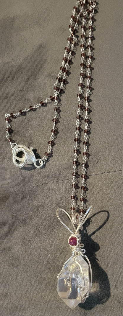 AAA 18.8g Clear Herkimer Diamond Pendant & Red Garnet Beaded Gemstone  24 inch Chain Necklace Handmade  Elegant  Delicate - Tartarian Treasures & Trinkets