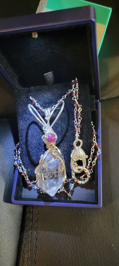 AAA 18.8g Clear Herkimer Diamond Pendant & Red Garnet Beaded Gemstone  24 inch Chain Necklace Handmade  Elegant  Delicate - Tartarian Treasures & Trinkets