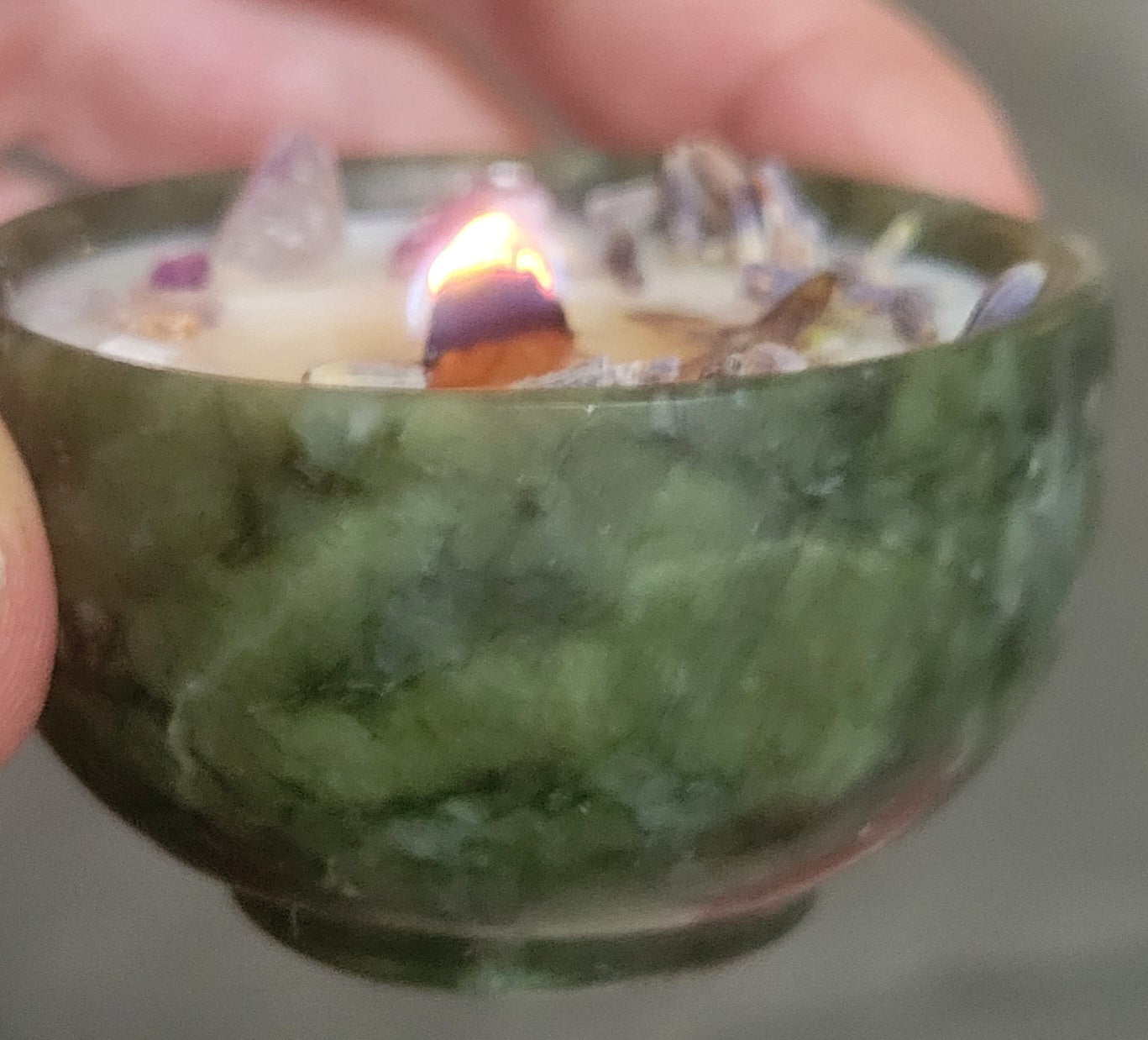 Solid Natural Stone Jade Bowl Spell Candles  Beeswax Handmade - w Oils, Gemstones,Herbs x Infused 963hz 3-4 hr burn - Tartarian Treasures & Trinkets