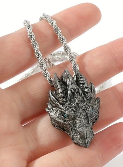 Silver DRAGON Head Metal Pendant w 22 inch silvery chain Detailed nice viking gift - Tartarian Treasures & Trinkets