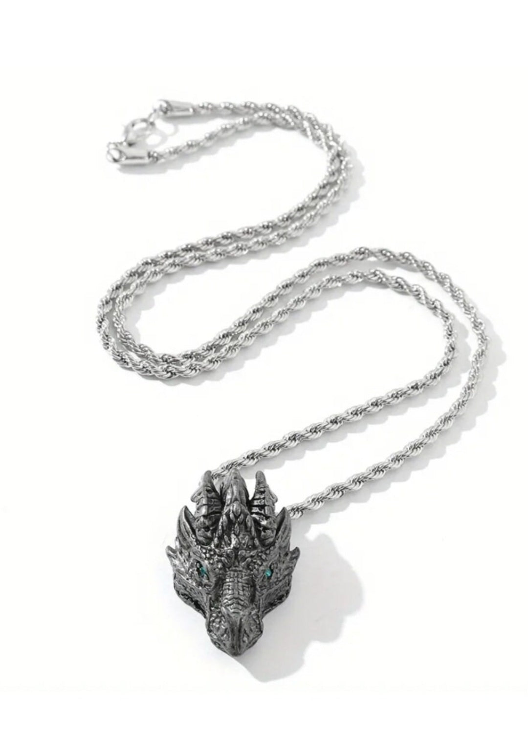 Silver DRAGON Head Metal Pendant w 22 inch silvery chain Detailed nice viking gift - Tartarian Treasures & Trinkets