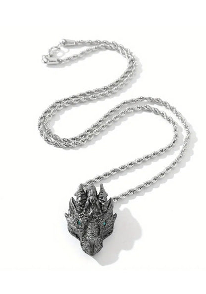Silver DRAGON Head Metal Pendant w 22 inch silvery chain Detailed nice viking gift - Tartarian Treasures & Trinkets