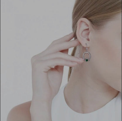 Sterling Silver Traditional Celtic Claddagh Dangle Earrings with Malachite