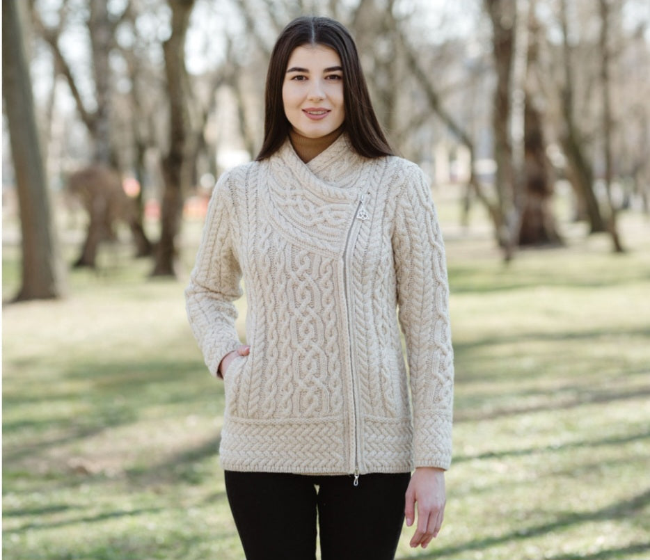 Womens Authentic Soft Thick Merino Wool Side Zip Jacket Cardigan-Made In Ireland  (No itch wool)