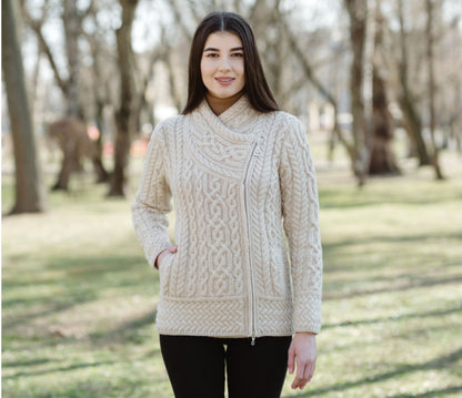 Womens Authentic Soft Thick Merino Wool Side Zip Jacket Cardigan-Made In Ireland  (No itch wool)