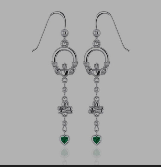 Sterling Silver  Irish Claddagh Long Dangle Earrings 2 inch long
