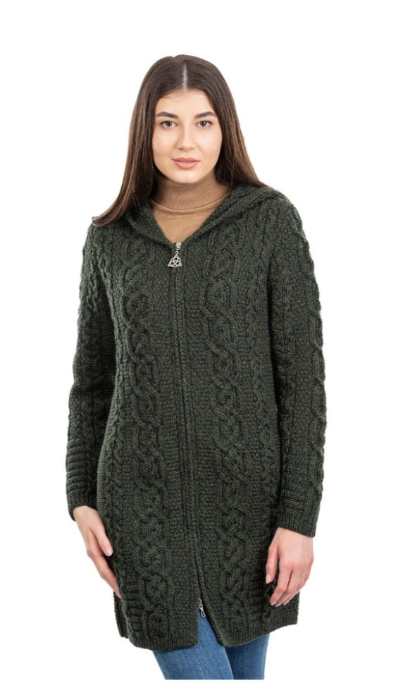 Long Celtic Viking Hooded Zip Up Aran 100% Merino Wool Jacket Womens Soft No Itch