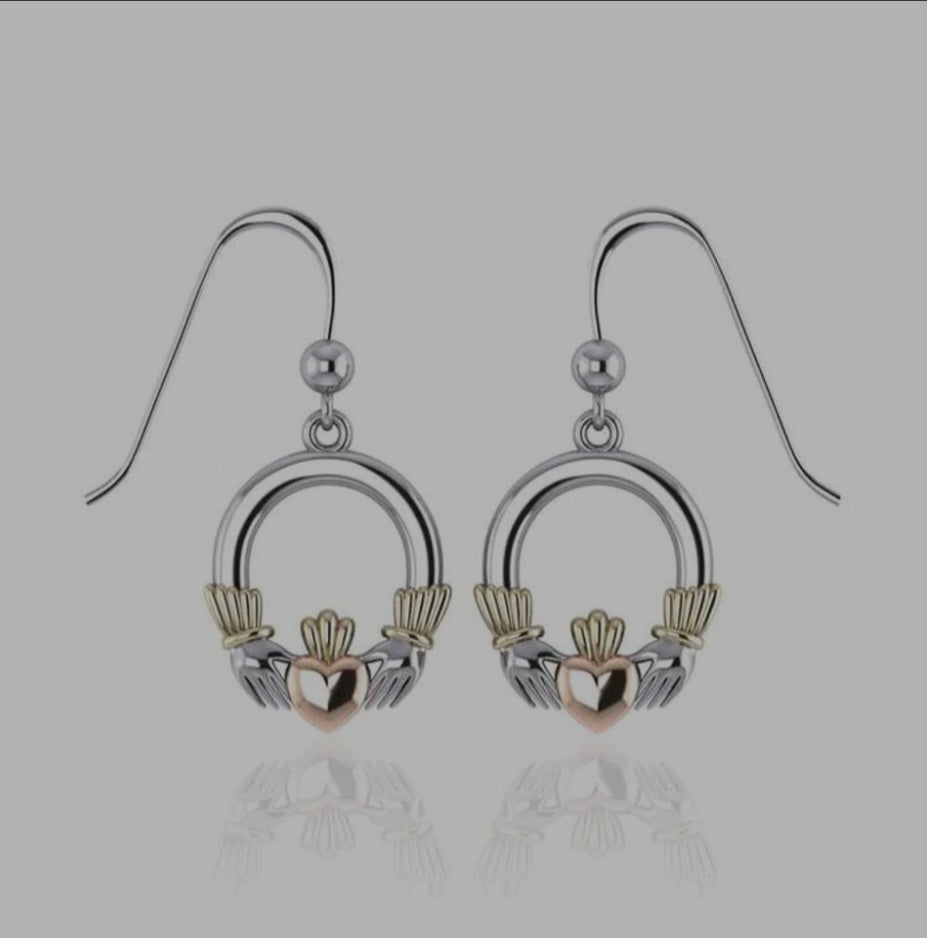 14k Rose Gold & Gold s925 Silver Tri Tone Irish Claddagh Dangle Earrings