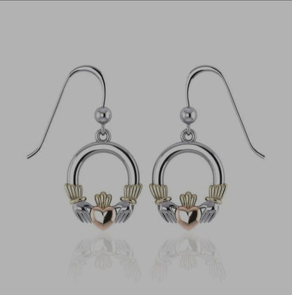14k Rose Gold & Gold s925 Silver Tri Tone Irish Claddagh Dangle Earrings