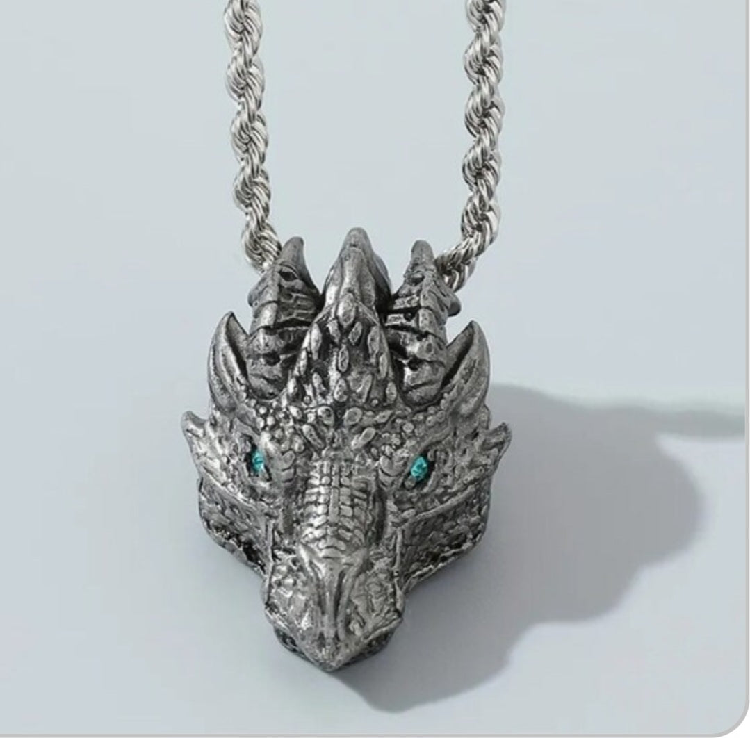 Silver DRAGON Head Metal Pendant w 22 inch silvery chain Detailed nice viking gift - Tartarian Treasures & Trinkets