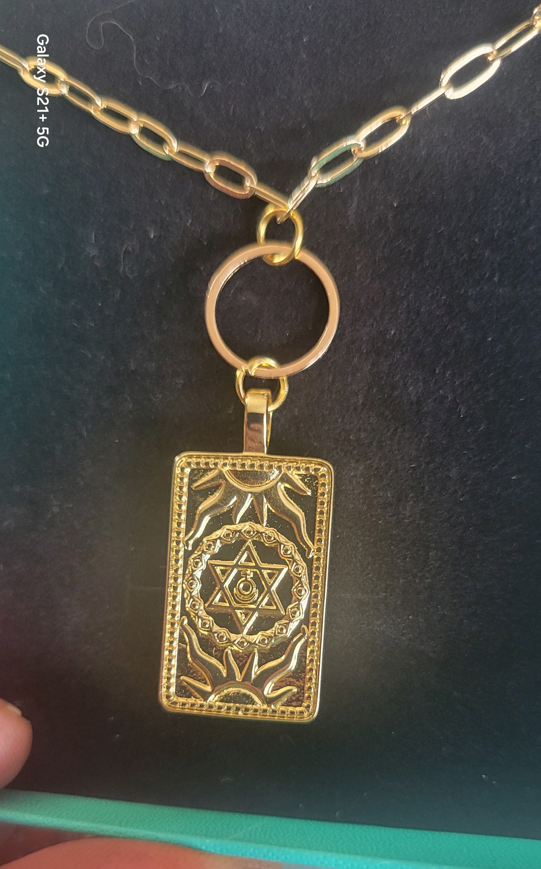 "THE WORLD" Fancy  Handmade Tarot Necklace  by Ui'Cathain Celtic Designs - With Music note Charm- Adjustable  Golden - Tartarian Treasures & Trinkets