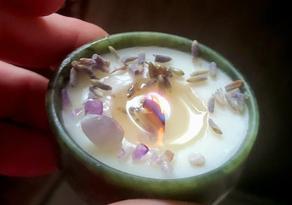 Solid Natural Stone Jade Bowl Spell Candles  Beeswax Handmade - w Oils, Gemstones,Herbs x Infused 963hz 3-4 hr burn - Tartarian Treasures & Trinkets
