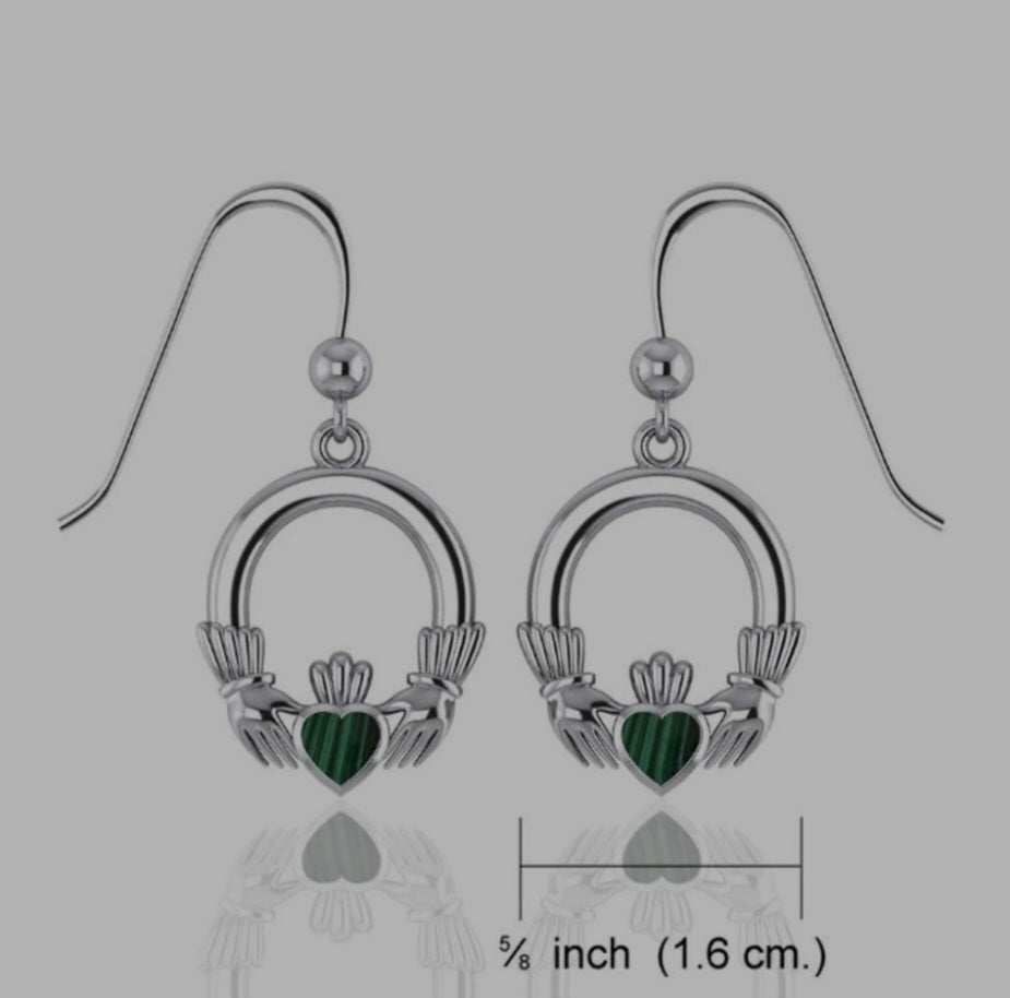 Sterling Silver Traditional Celtic Claddagh Dangle Earrings with Malachite