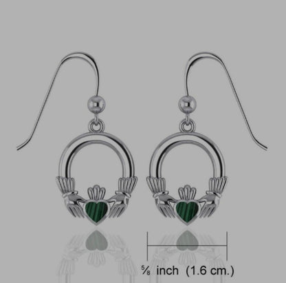 Sterling Silver Traditional Celtic Claddagh Dangle Earrings with Malachite
