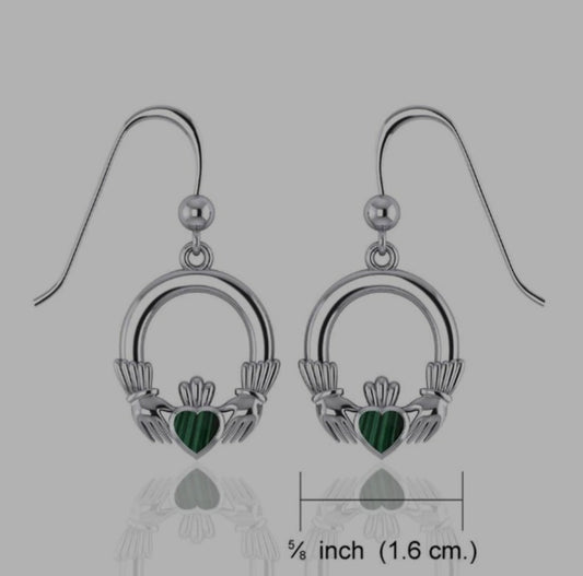 Sterling Silver Traditional Celtic Claddagh Dangle Earrings with Malachite