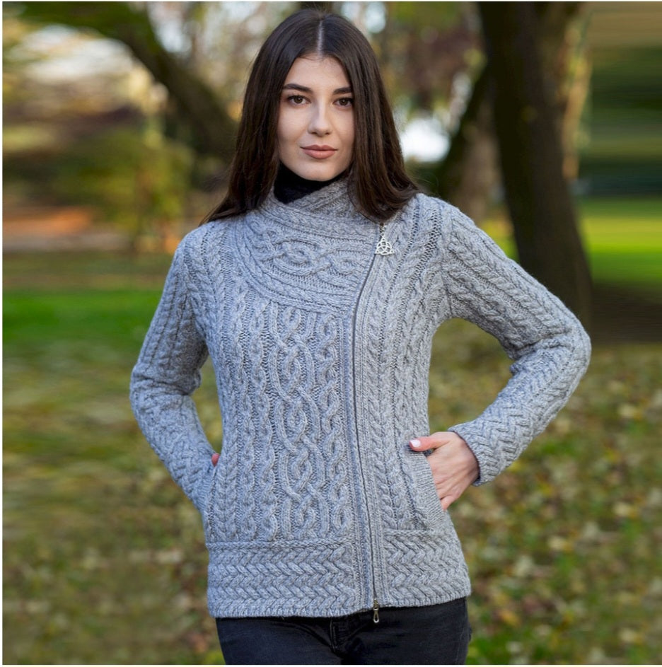 Womens Authentic Soft Thick Merino Wool Side Zip Jacket Cardigan-Made In Ireland  (No itch wool)