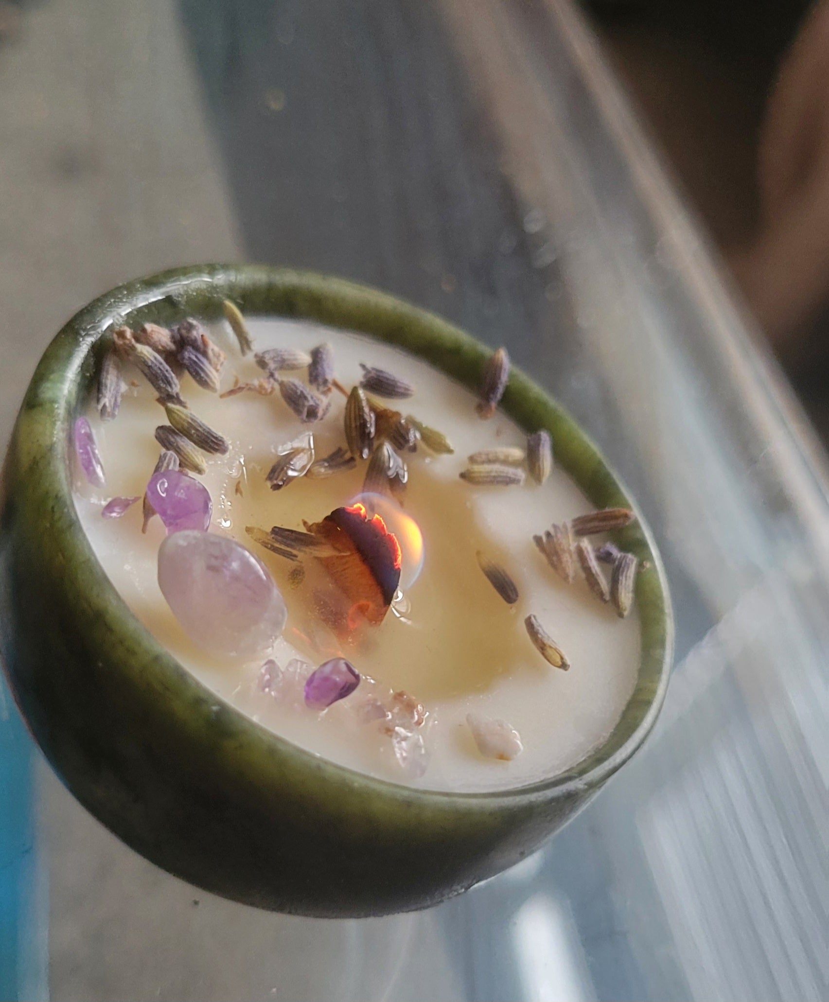 Solid Natural Stone Jade Bowl Spell Candles  Beeswax Handmade - w Oils, Gemstones,Herbs x Infused 963hz 3-4 hr burn - Tartarian Treasures & Trinkets