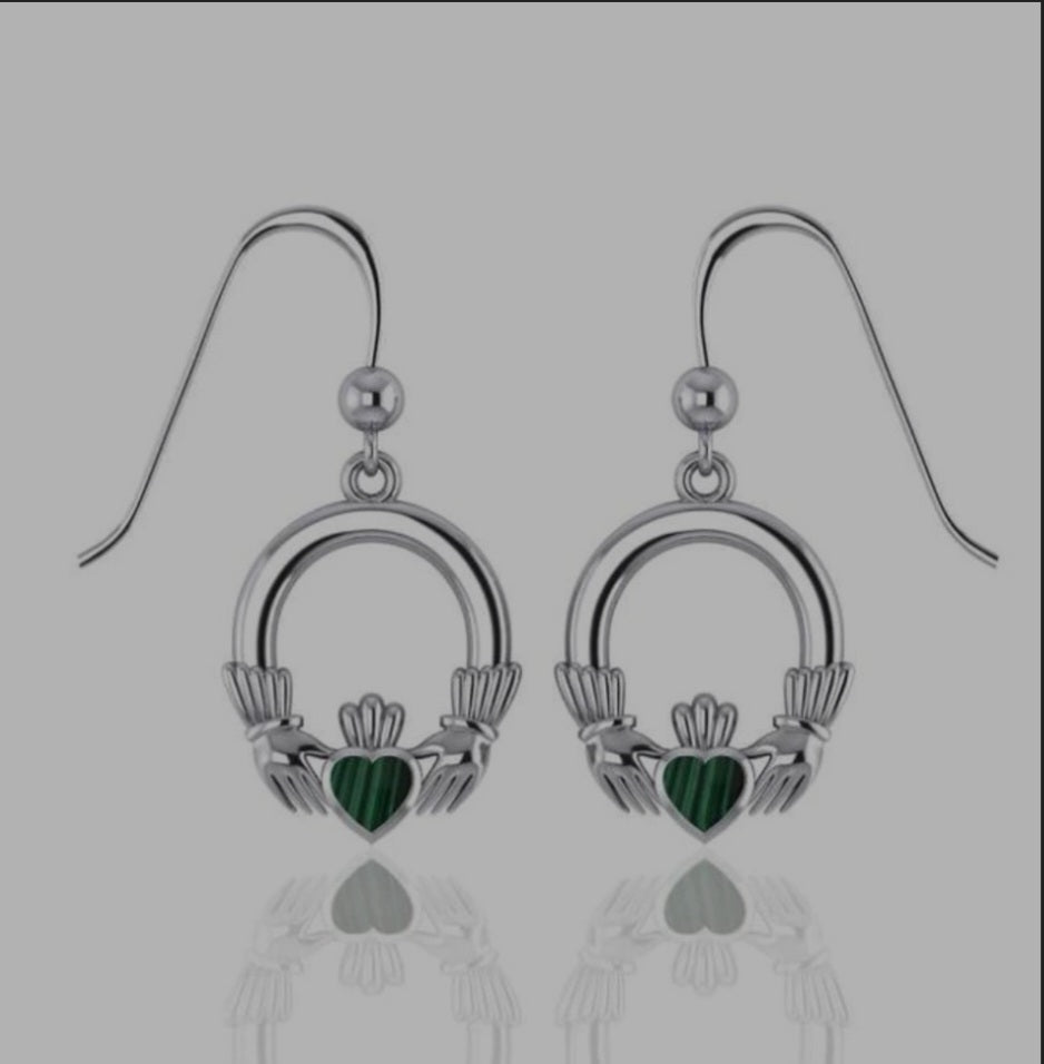 Sterling Silver Traditional Celtic Claddagh Dangle Earrings with Malachite