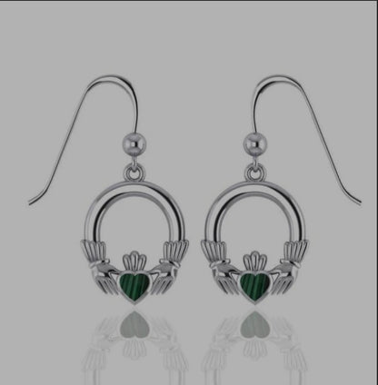 Sterling Silver Traditional Celtic Claddagh Dangle Earrings with Malachite