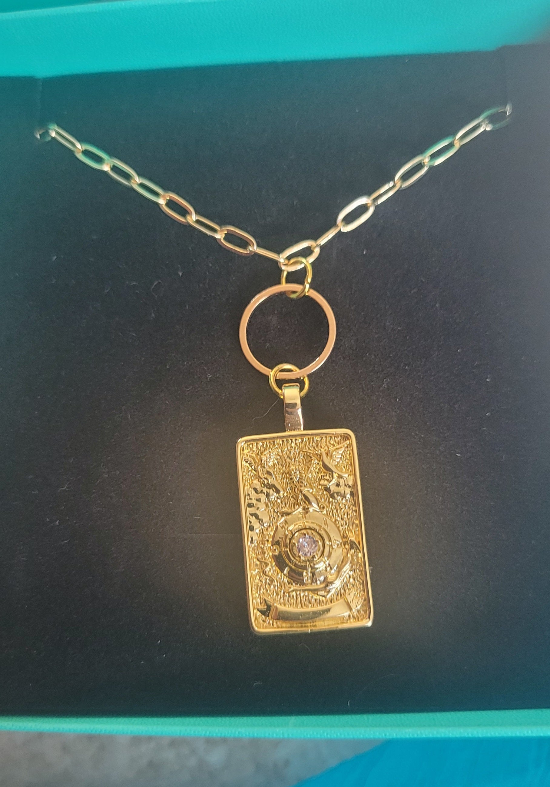 "THE WORLD" Fancy  Handmade Tarot Necklace  by Ui'Cathain Celtic Designs - With Music note Charm- Adjustable  Golden - Tartarian Treasures & Trinkets