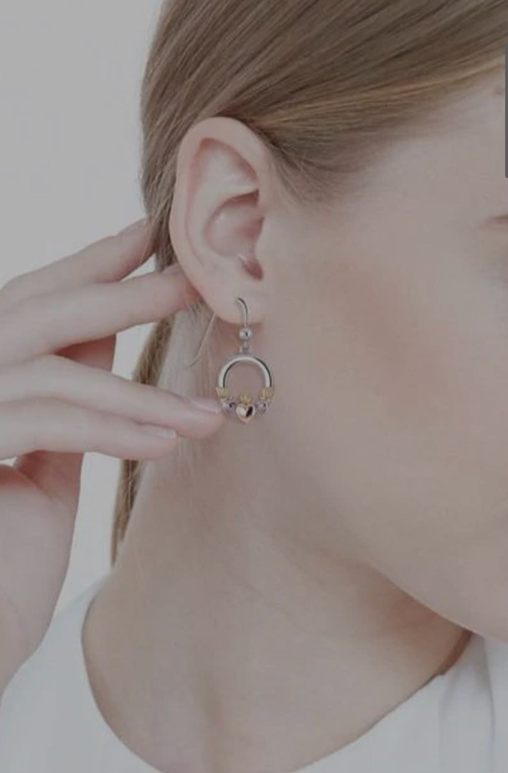 14k Rose Gold & Gold s925 Silver Tri Tone Irish Claddagh Dangle Earrings