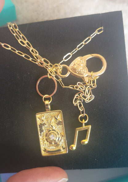 "THE WORLD" Fancy  Handmade Tarot Necklace  by Ui'Cathain Celtic Designs - With Music note Charm- Adjustable  Golden - Tartarian Treasures & Trinkets