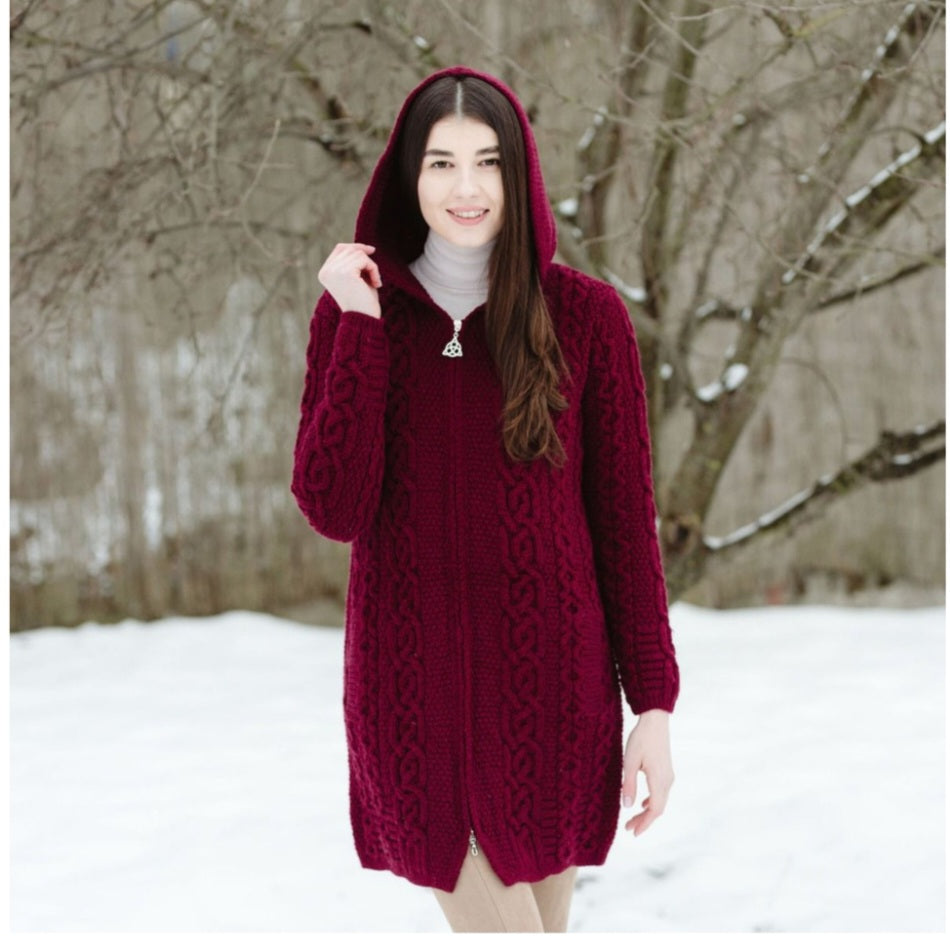 Long Celtic Viking Hooded Zip Up Aran 100% Merino Wool Jacket Womens Soft No Itch