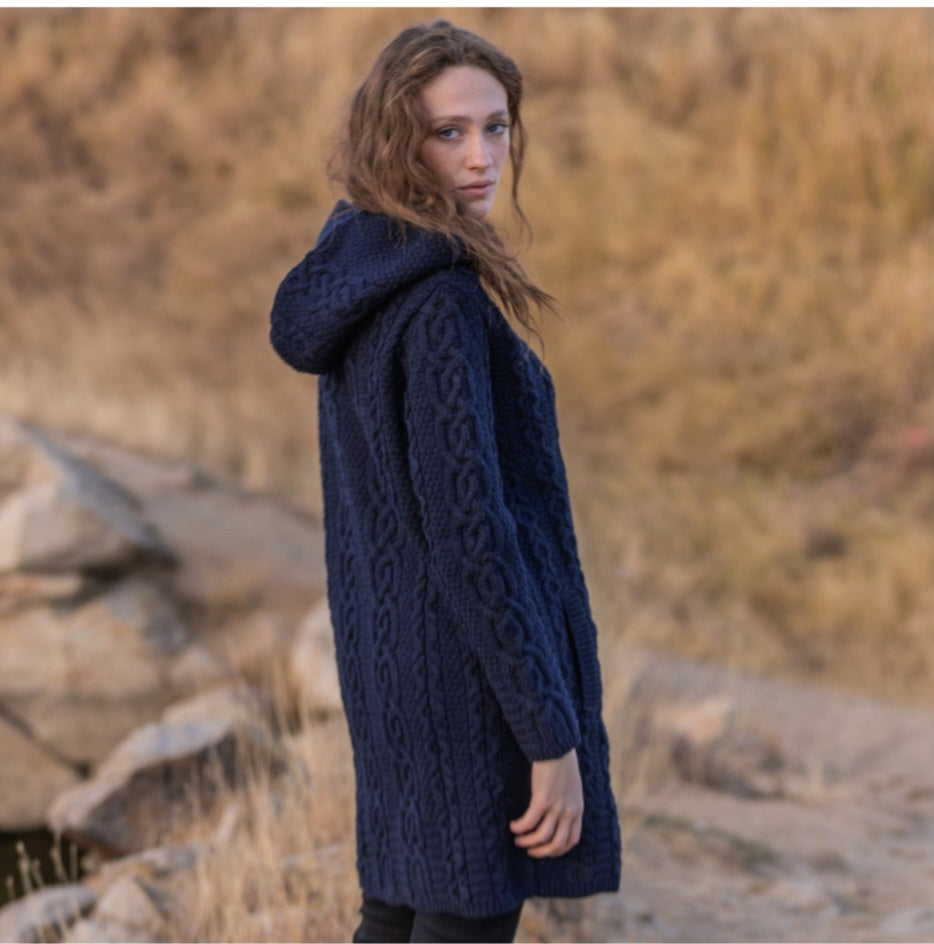 Long Celtic Viking Hooded Zip Up Aran 100% Merino Wool Jacket Womens Soft No Itch